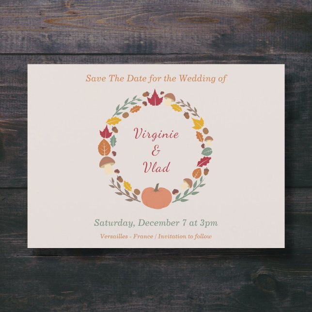Utandnings- och fallbröllop Spara datum Inbjudningar (Wreath & Fall Wedding Save The Date Invitation - Front)