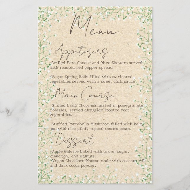 Utandningsblommor Rustic Boho Bröllop Menu (Framsida)