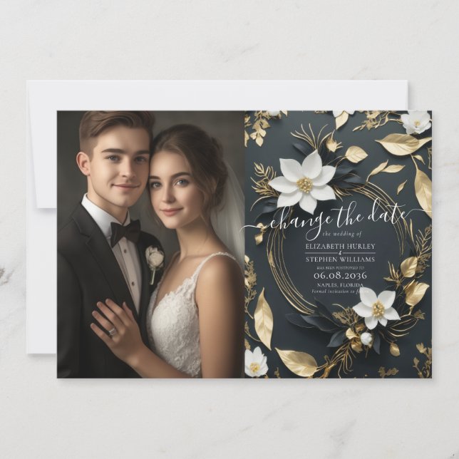 Utandningsdatum för vit Guld Blommigt Bröllop Byt  Spara Datumet (Framsida)