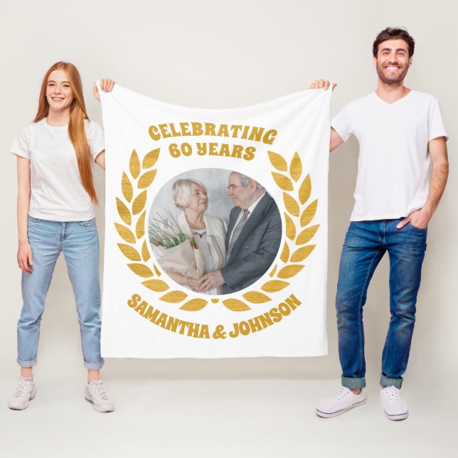 Utandningsfoto för elegant Guld 60 Bröllop-årsdage Fleecefilt (På plats)