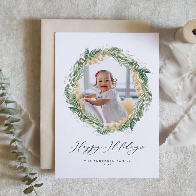 Utandningsfoto för Faux guldfet Gräs Nål Julkort (Faux Gold Foil Pine Needles Wreath Photo Holiday Card)