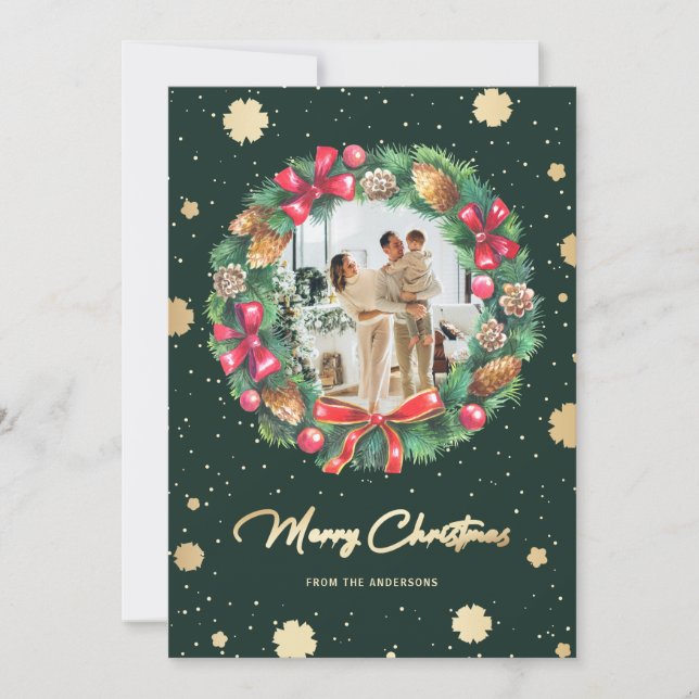 Utandningsfoto för grönt Guld Snöflingor Julkort (Framsida)