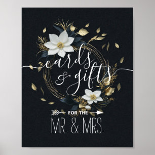 Utandningskort för svarta vita Blommigten Guld, ut Poster