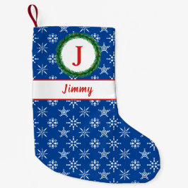 Utandningsmonogram Ditt namn Blå och vit Snöflingo Liten Julstrumpa