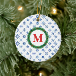 Utandningsmonogram Ditt namn Blå Snöflingor White Julgransprydnad Keramik