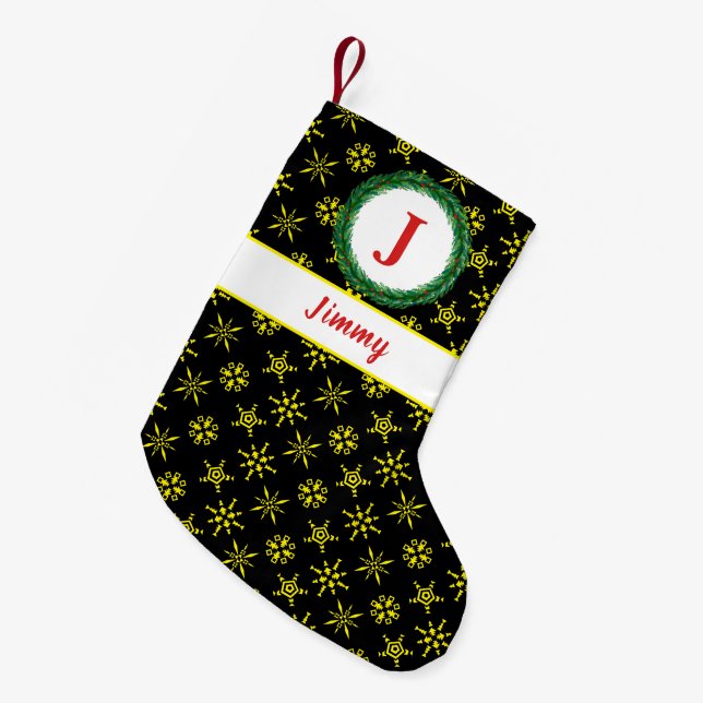 Utandningsmonogram Ditt namn Black Gult Snöflingor Liten Julstrumpa (Framsidan (Hängande))