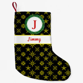 Utandningsmonogram Ditt namn Black Gult Snöflingor Liten Julstrumpa