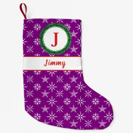 Utandningsmonogram Ditt namn Lila White Snöflingor Liten Julstrumpa