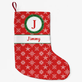 Utandningsmonogram Ditt namn Red & White Snöflingo Liten Julstrumpa