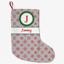 Utandningsmonogram Ditt namn Silver & Red Snöfling Liten Julstrumpa