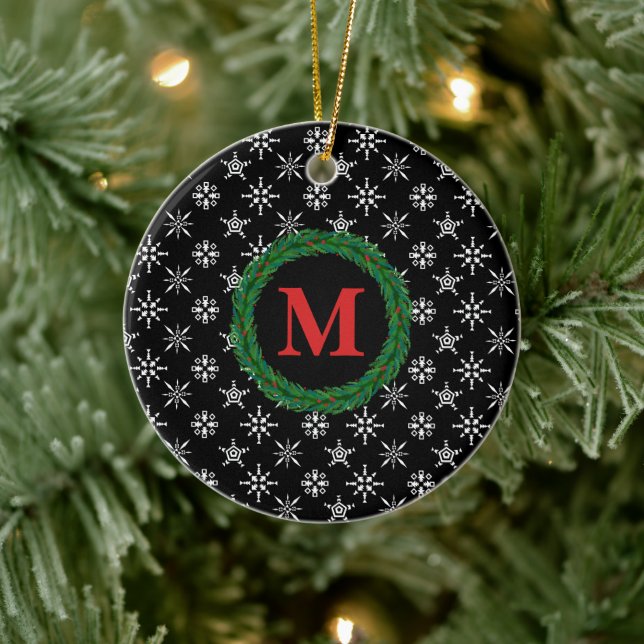 Utandningsmonogram Ditt namn Vit Gult Snöflingor Julgransprydnad Keramik (Träd)