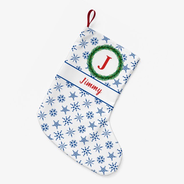 Utandningsmonogram Ditt namn Vit och blå Snöflingo Liten Julstrumpa (Framsidan (Hängande))