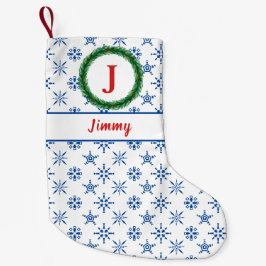 Utandningsmonogram Ditt namn Vit och blå Snöflingo Liten Julstrumpa