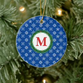 Utandningsmonogram Ditt namn Vit Snöflingor Blue Julgransprydnad Keramik