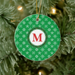 Utandningsmonogram Ditt namn Vit Snöflingor Grönt Julgransprydnad Keramik