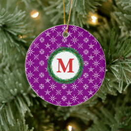 Utandningsmonogram Ditt namn Vit Snöflingor Lila Julgransprydnad Keramik