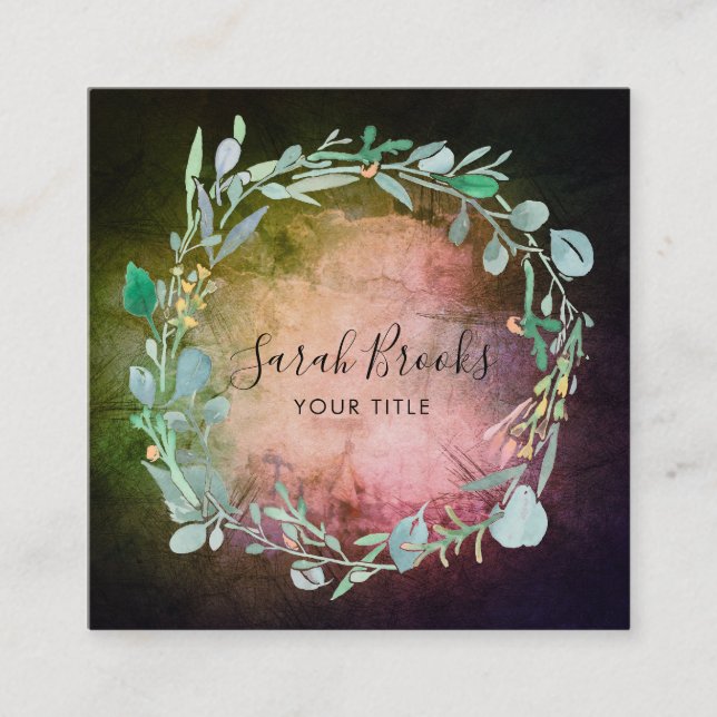 Utandningsmonogram för blå Blommigt på Gröntar för Fyrkantigt Visitkort (Framsida)