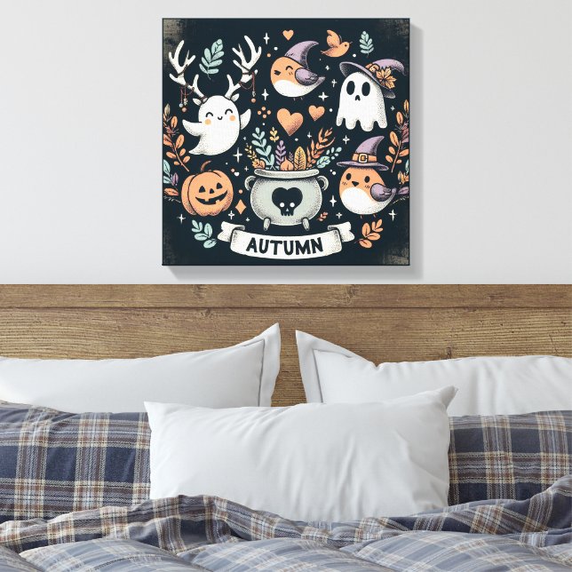 Utandningsvägg för Cute Boho Autumn Ghost Decal Canvastryck (Insitu (sovrum))