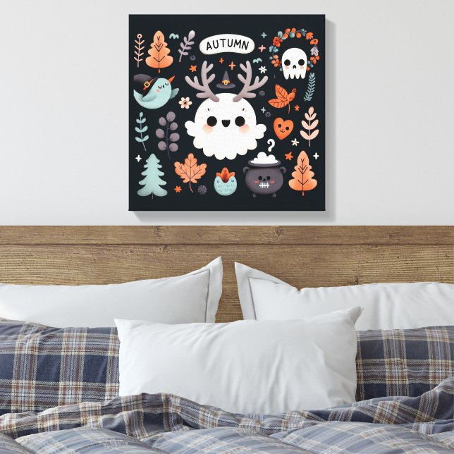 Utandningsvägg för Cute Boho Autumn Ghost Decal Canvastryck (Insitu (sovrum))
