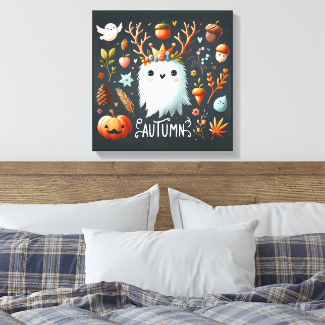 Utandningsvägg för Cute Boho Autumn Ghost Decal Canvastryck (Insitu (sovrum))
