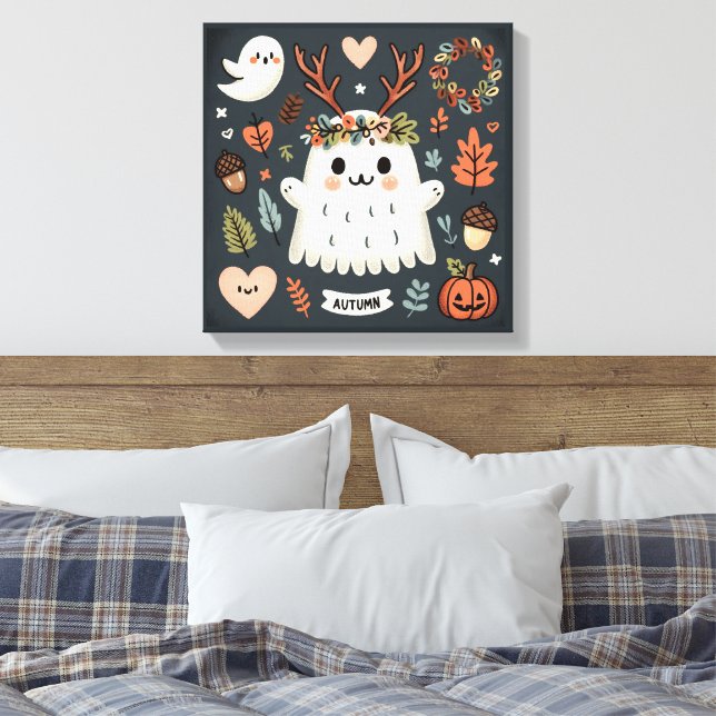 Utandningsvägg för Cute Boho Autumn Ghost Decal Canvastryck (Insitu (sovrum))