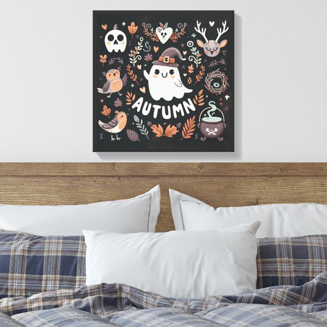 Utandningsvägg för Cute Boho Autumn Ghost Decal Canvastryck (Insitu (sovrum))