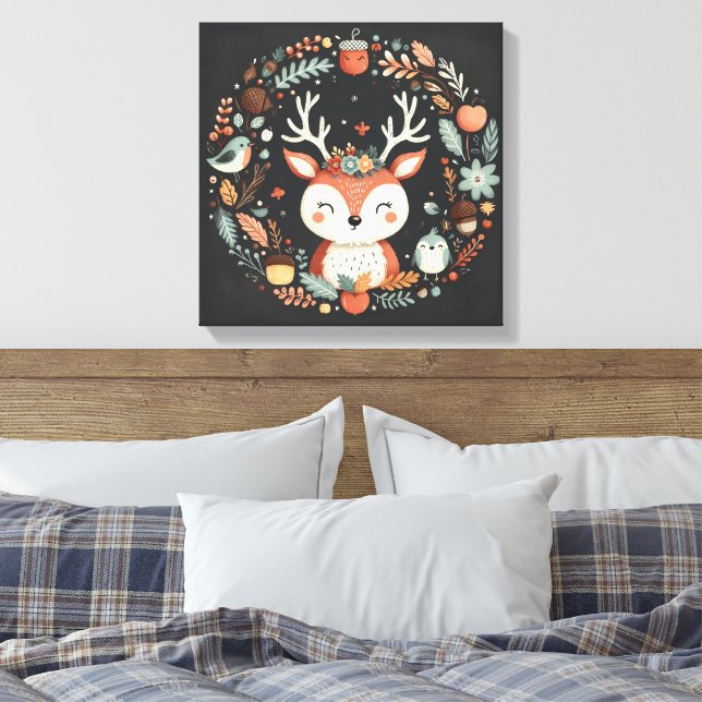 Utandningsvägg för Cute Boho Autumn Hjort Decal Canvastryck (Insitu (sovrum))
