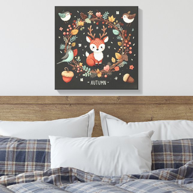 Utandningsvägg för Cute Boho Autumn Hjort Decal Canvastryck (Insitu (sovrum))