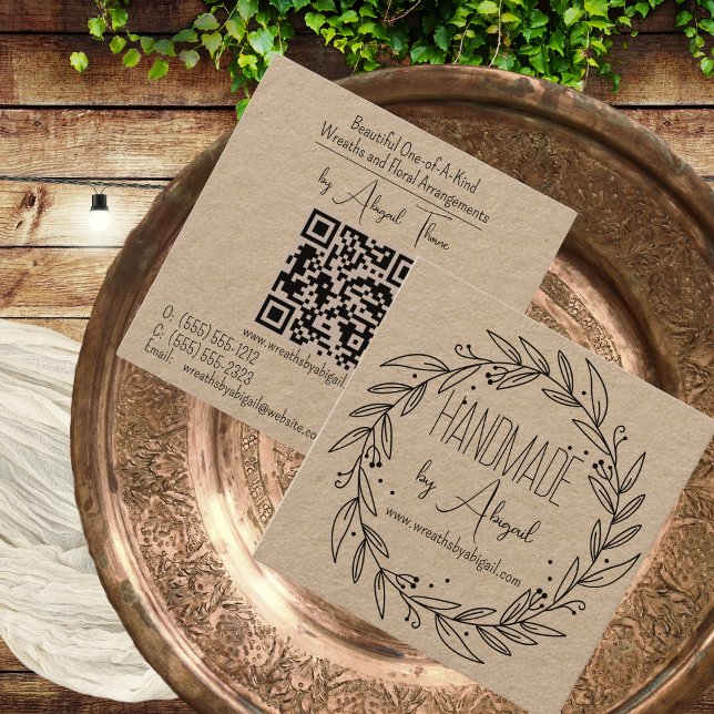 Utandningsventiler handgjorda | Affärskort för han Fyrkantigt Visitkort (Wreath and Vines "Handmade" Crafting QR Code Kraft Paper Business Card )