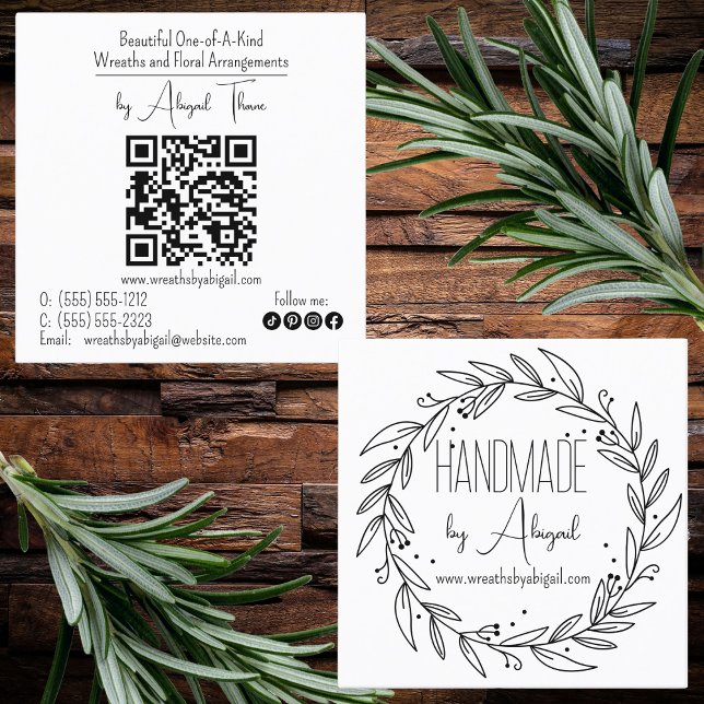 Utandningsventiler handgjorda | Affärskort för han Fyrkantigt Visitkort (Wreath and Vines "Handmade" Crafting QR Code Black | White Business Card )