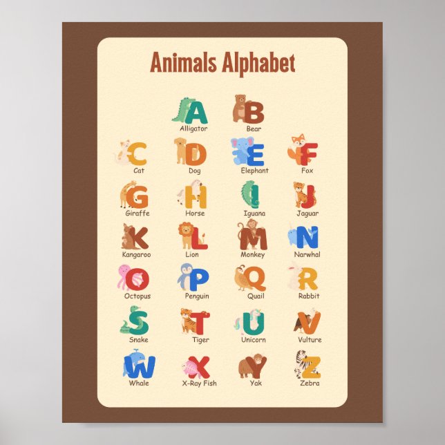 Utbildning i Alphabet School Learning på djur Poster (Framsidan)