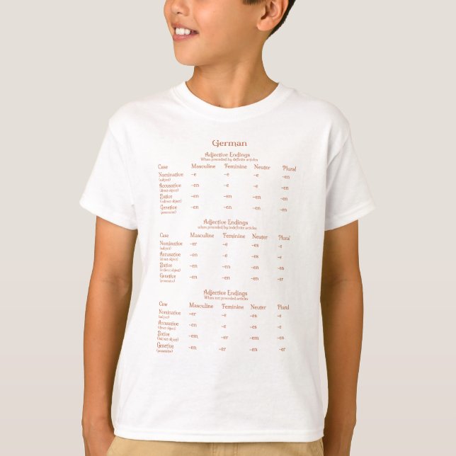 Utbildning i tyska Grammar Chart Adjetive Endings T Shirt (Framsida)