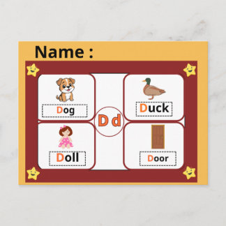 Utbildningsalfabet Bokstav D Flashcard för barn Vykort