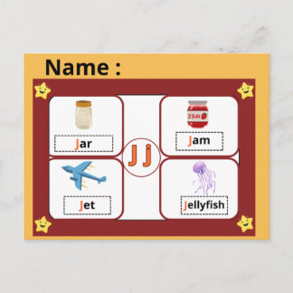 Utbildningsalfabet Bokstav J Flashcard för barn Vykort