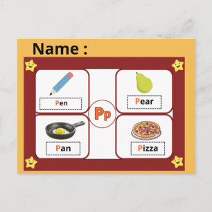 Utbildningsalfabet Bokstav P Flashcard för barn Vykort