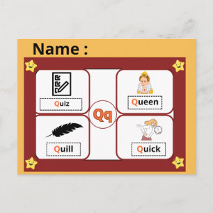 Utbildningsalfabet Bokstav Q Flashcard för barn Vykort