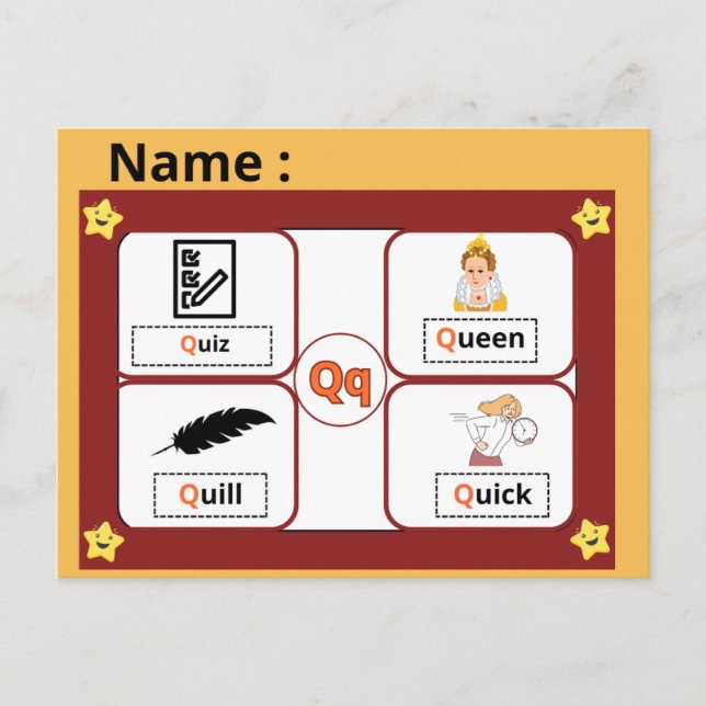Utbildningsalfabet Bokstav Q Flashcard för barn  Vykort (Framsida)