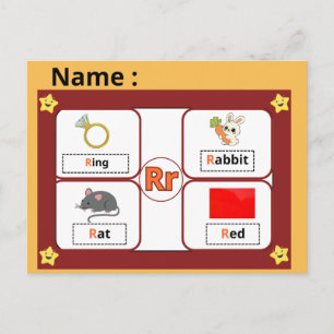 Utbildningsalfabet Bokstav R Flashcard för barn Vykort