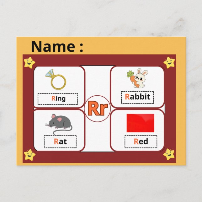 Utbildningsalfabet Bokstav R Flashcard för barn  Vykort (Framsida)