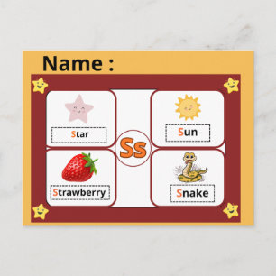 Utbildningsalfabet Bokstav S Flashcard för barn Vykort
