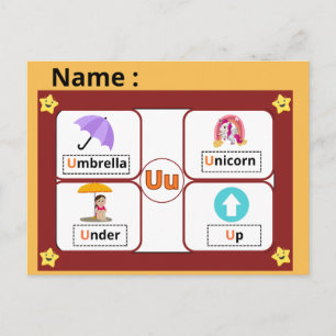 Utbildningsalfabet Bokstav U Flashcard för barn Vykort