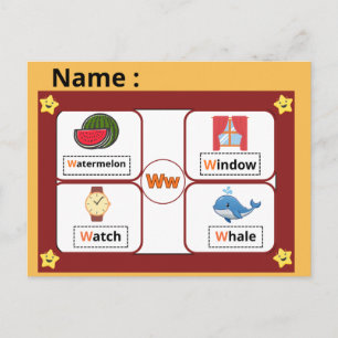 Utbildningsalfabet Bokstav W Flashcard för barn Vykort