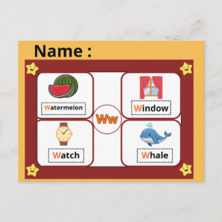 Utbildningsalfabet Bokstav W Flashcard för barn Vykort