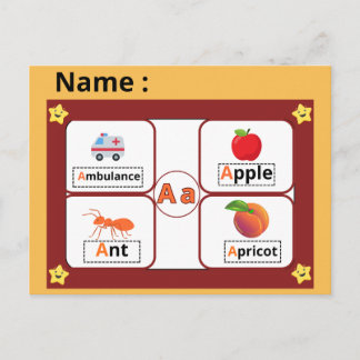 Utbildningsalfabetet Bokstav A Flashcard för barn Vykort