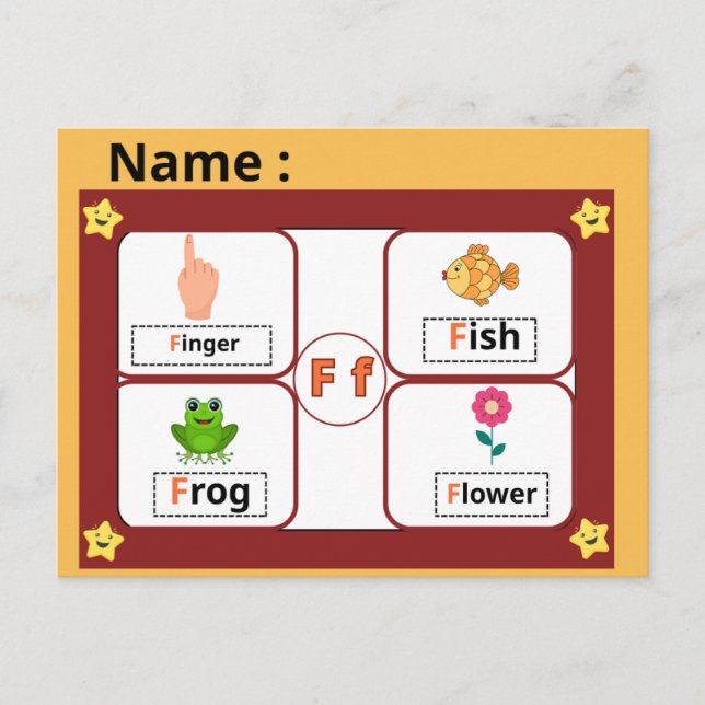 Utbildningsalfabetet Bokstav F Flashcard för barn Vykort (Framsida)