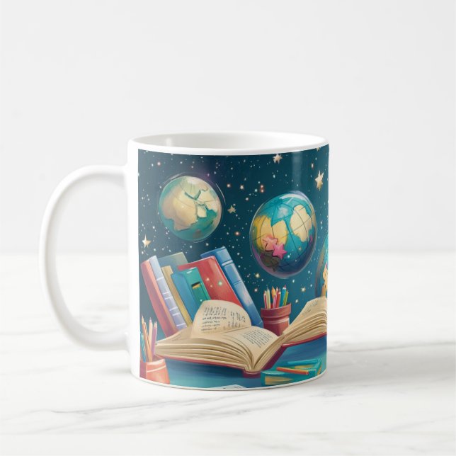 Utbildningskoncept med klot som svävar ovan kaffemugg (Vänster)