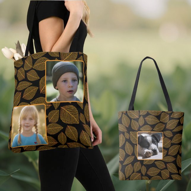 Utbytbara foton Guld Gul Bladsmönster Tygkasse (Replaceable photos front and back tote bag with skeleton leaf pattern over black held by model.)