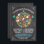 Utbytesinbjudan för ornament för kalkkort inbjudningar<br><div class="desc">Chalkboard Ornament Exchange-inbjudan Supe söt och roligt med ett ornament boll som består av julikoner och krittypografi allt på en kritersbakgrund. Ett exempel på hand plockade är McBooboos. Kan användas för en cookie-växling eller -växling.</div>