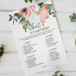 Utelämna  Blommigtens spelvadar i din handväska Flygblad<br><div class="desc">Vad är det i din möhippa? Elegant Vattenfärgsutsmyckning och  Blommigt. Matchande objekt för att slutföra din händelsesamling finns i vårt Zazzle-arkiv!</div>