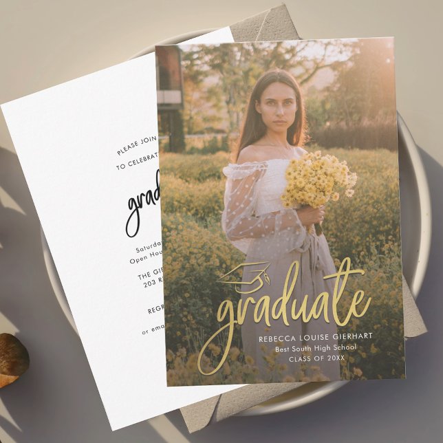Utexamens Foto Öppet Hus 2026 Utexamensfest Inbjudningar (Modern Graduation Photo Script Invitation Card)
